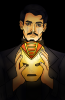 Tony Stark with tears running down his face, holding the helmet of the sentient armor.